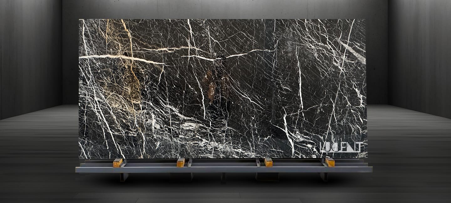 3D Black Marble slab on a holder, showcasing its deep black color and unique three-dimensional veining.