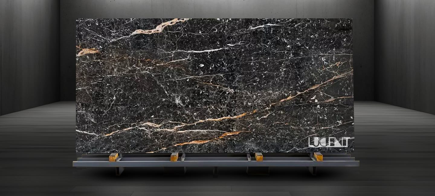 Golden Black Marble slab displayed on metal holder for export or fabrication