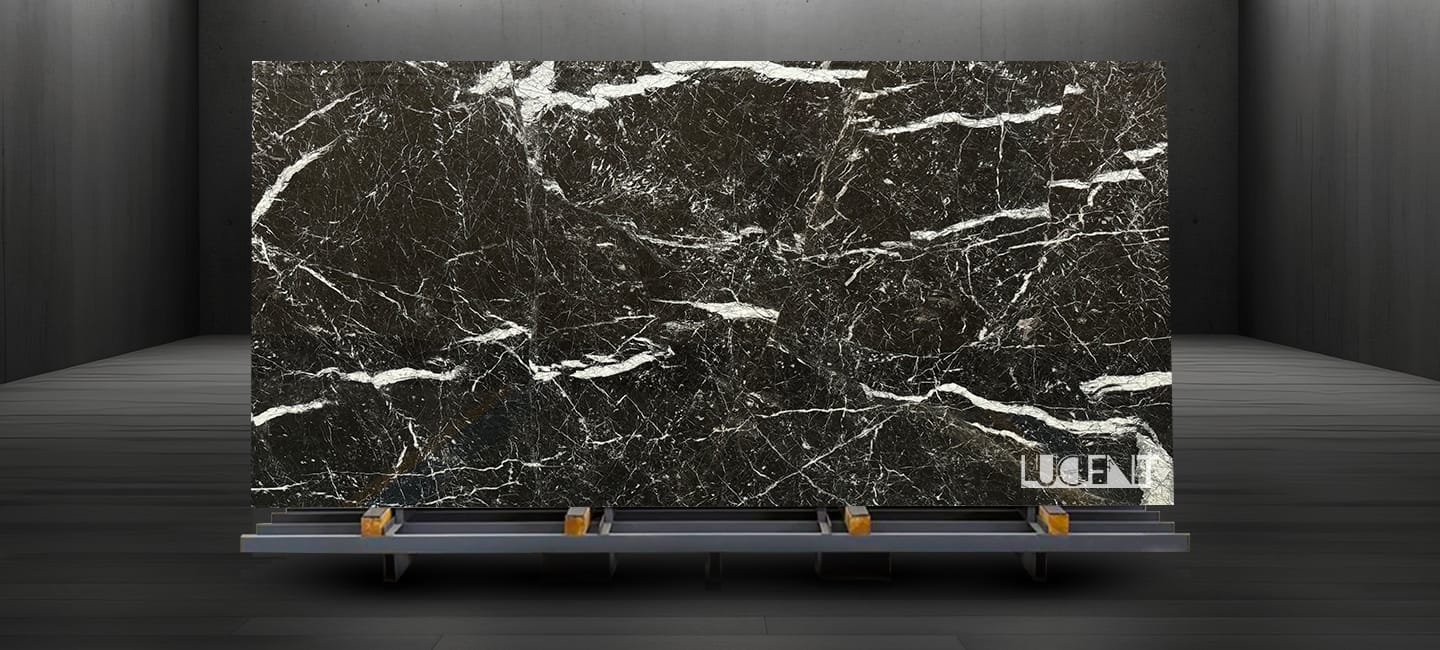 Nero Marquina Marble slab displayed on metal holder ready for export or processing