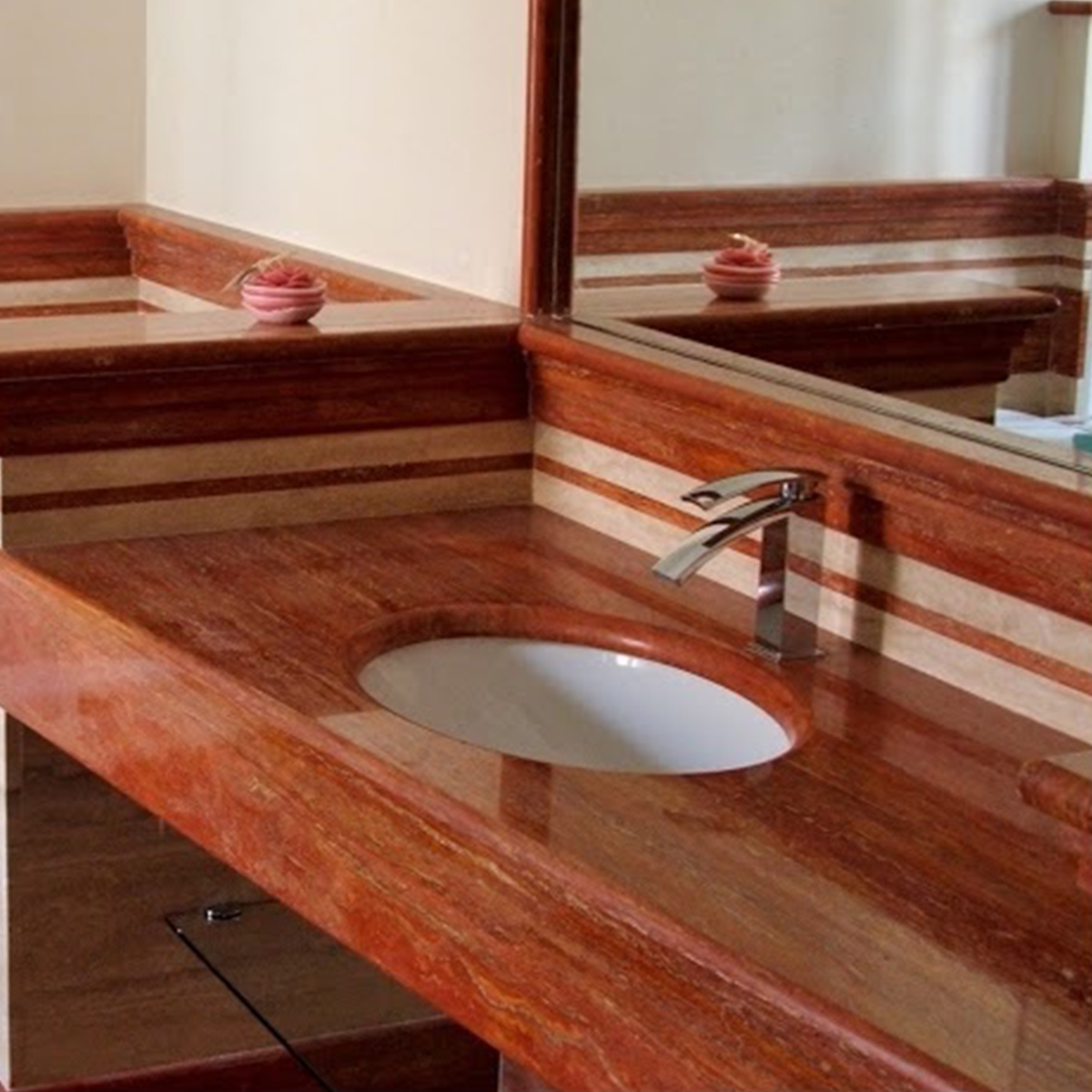 Red Travertine Toilet Interior – Luxurious Iranian Travertine Design by Lucent Trading Co, Supplier Near UAE