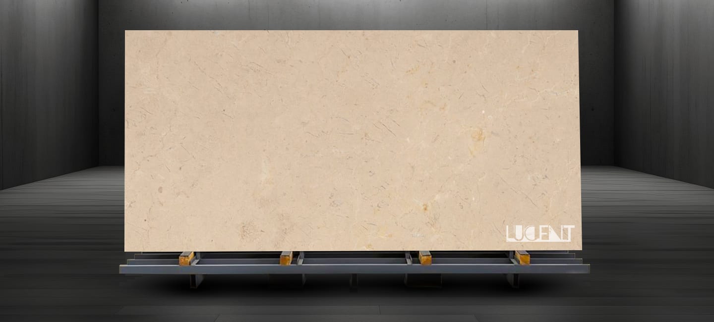 Royal Beige Marble slab placed on metal holder ready for export or fabrication