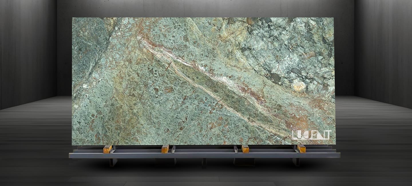 Turquoise Granite slab mounted on holder, showcasing its vibrant turquoise hues and intricate veining.