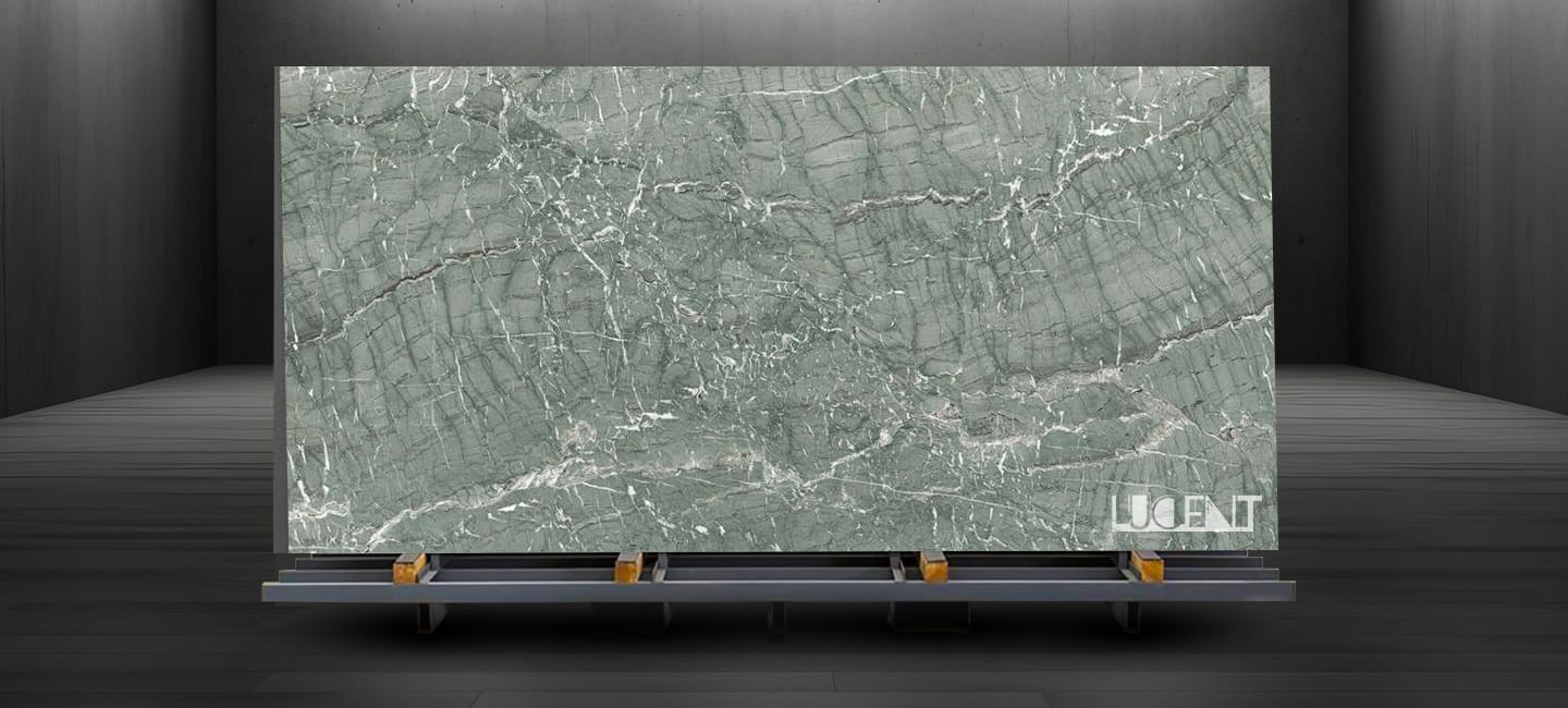 Verde Antigua Marble slab displayed on metal holder ready for export or fabrication