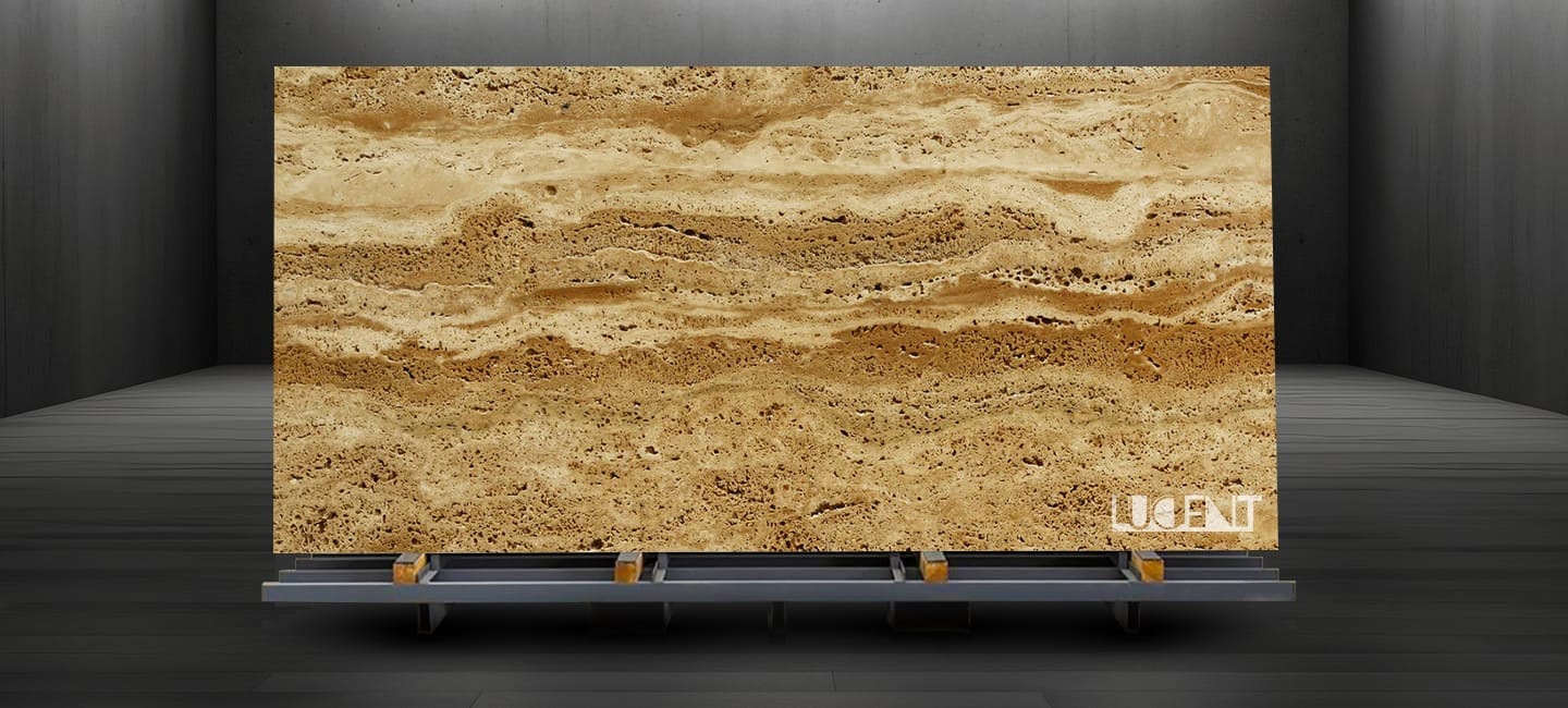 Desert Beige Travertine Slab Display with Natural Stone Patterns
