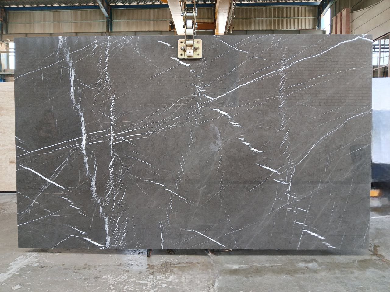 Close-up view of a Pietra Gray Marble slab with deep gray background and elegant white veining.