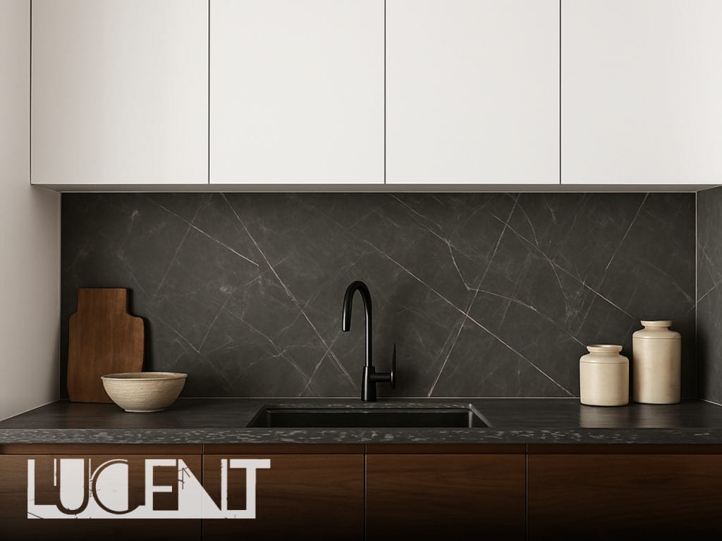 Modern kitchen with Pietra Gray marble island and natural lighting