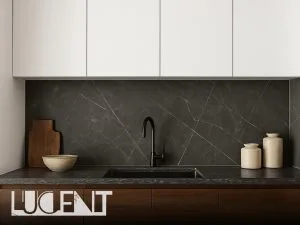 Modern kitchen with Pietra Gray marble island and natural lighting