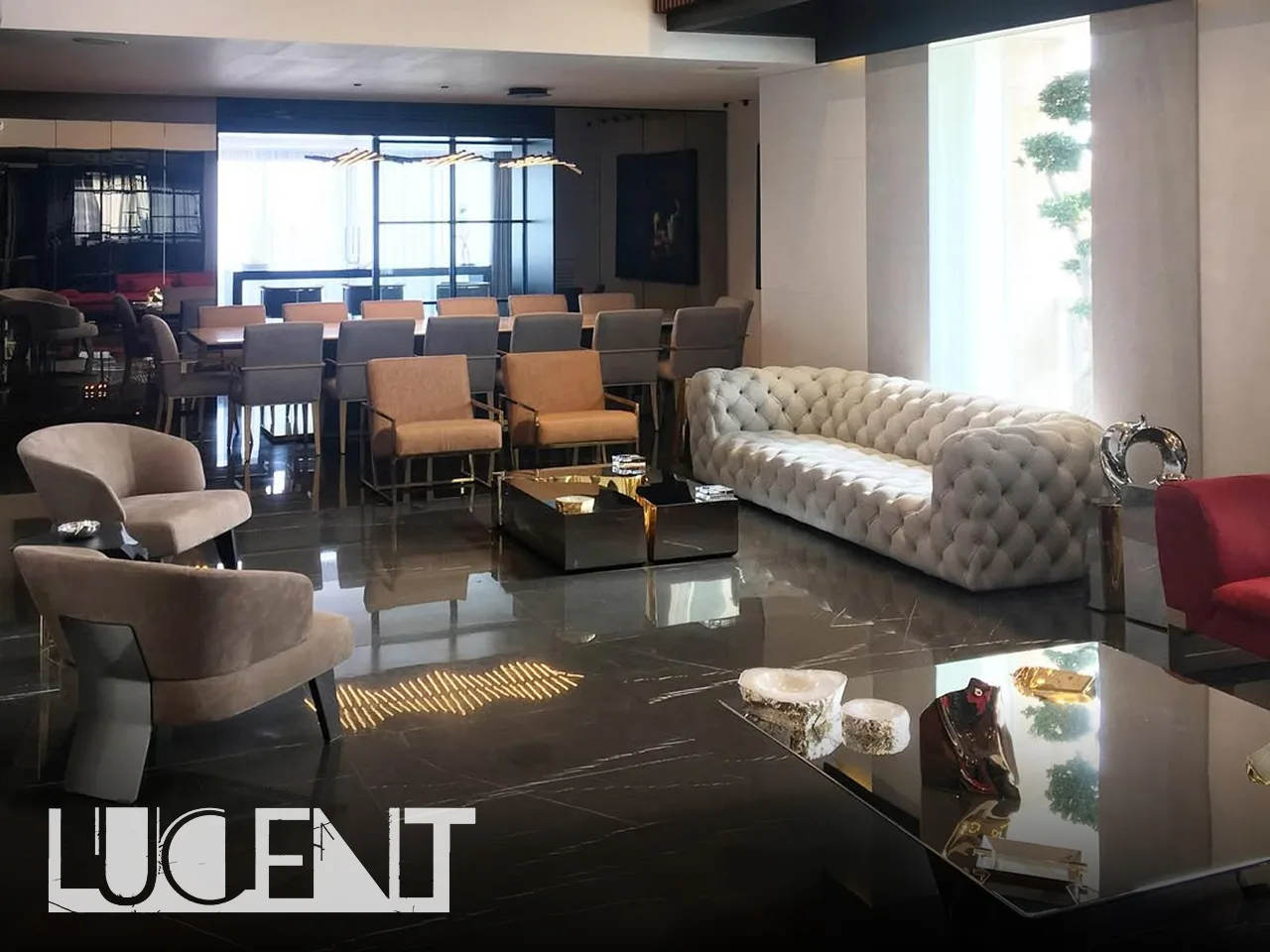 Luxury living room with Pietra Gray marble flooring, showcasing its elegant dark tones and white veining