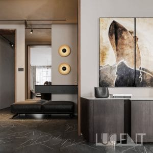 Open-concept living room featuring Pietra Gray marble flooring, providing a seamless flow from one space to another