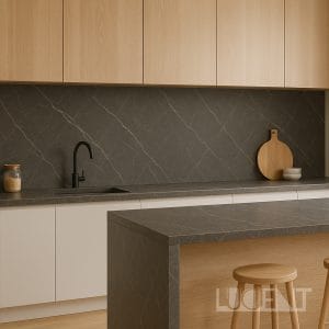 Scandinavian kitchen featuring Pietra Gray marble with wood finishes