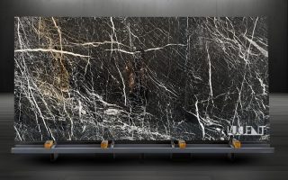 3D Black Marble Slab on Holder 3D Black Marble slab on a holder, showcasing its deep black color and unique three-dimensional veining.