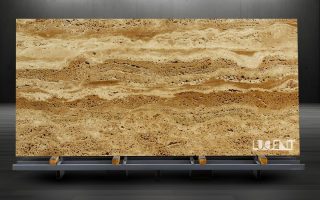 Desert Beige Travertine Slab – Premium Natural Stone Display Desert Beige Travertine Slab Display with Natural Stone Patterns