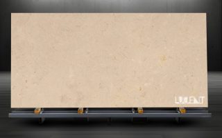 Royal Beige Marble Slab on Metal Rack – Export Ready Royal Beige Marble slab placed on metal holder ready for export or fabrication